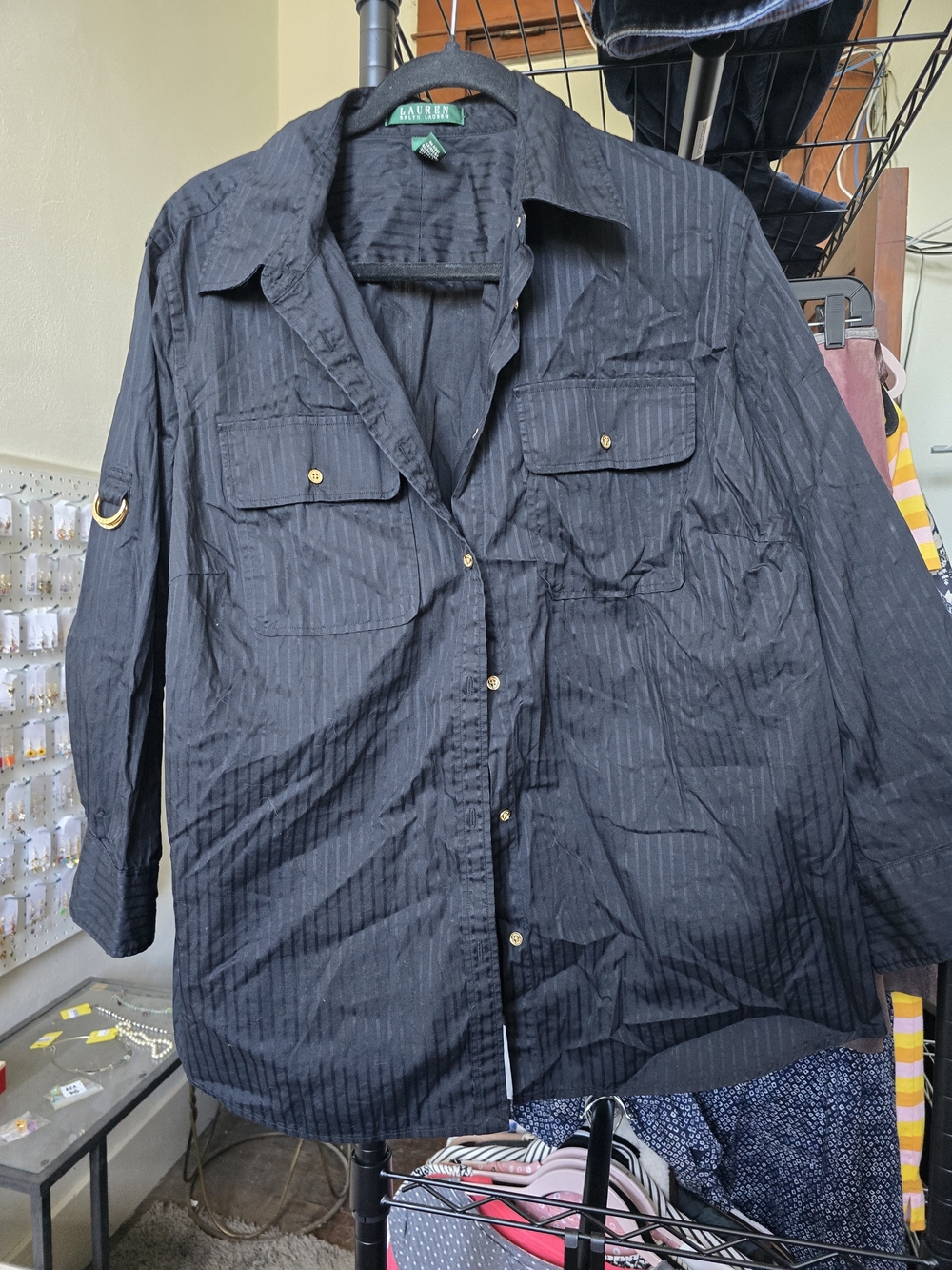 Ralph Lauren Black Pinstriped Button-Front Shirt Jacket
